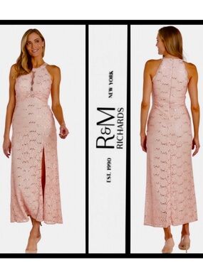 R&M Richards Scalloped Bodice Detail Long Sequin Lace Dress in blush pink sz 12